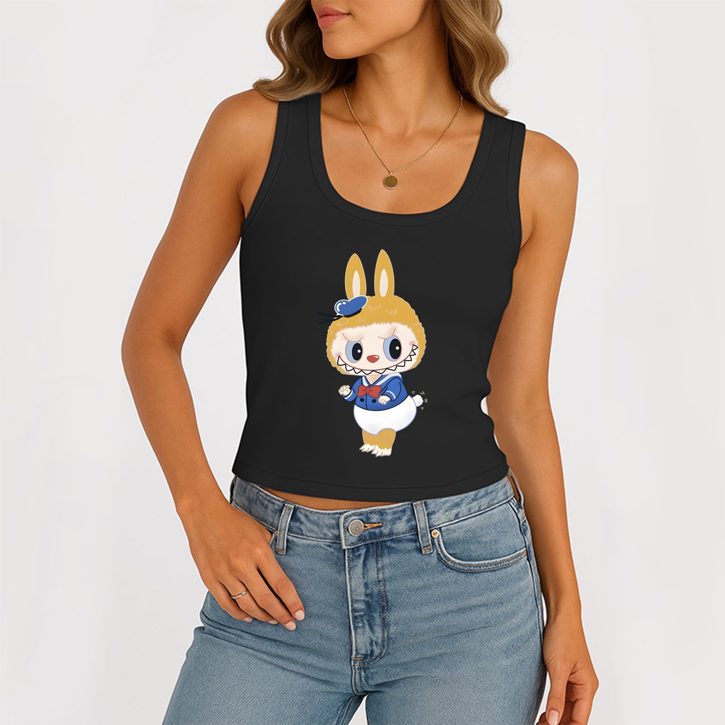 Labubu as Donald Duck The Monsters Women's Sleeveless Scoop Neck Ribbed Tank Summer Basic Slim Cute Tops For Labubu Lover