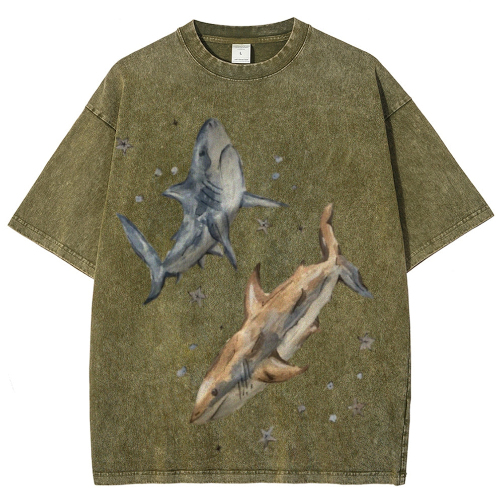Two Sharks Unisex Vintage Washed Tee