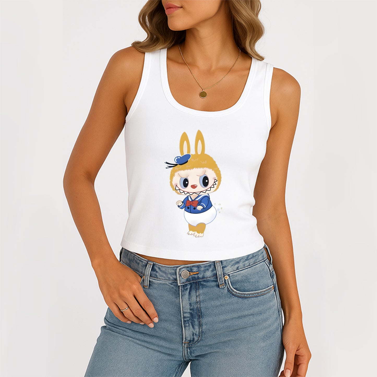 Labubu as Donald Duck The Monsters Women's Sleeveless Scoop Neck Ribbed Tank Summer Basic Slim Cute Tops For Labubu Lover