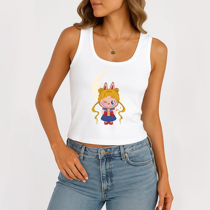 Sailor Moon The Monsters Women's Sleeveless Scoop Neck Ribbed Tank Summer Basic Slim Cute Tops For Labubu Lover
