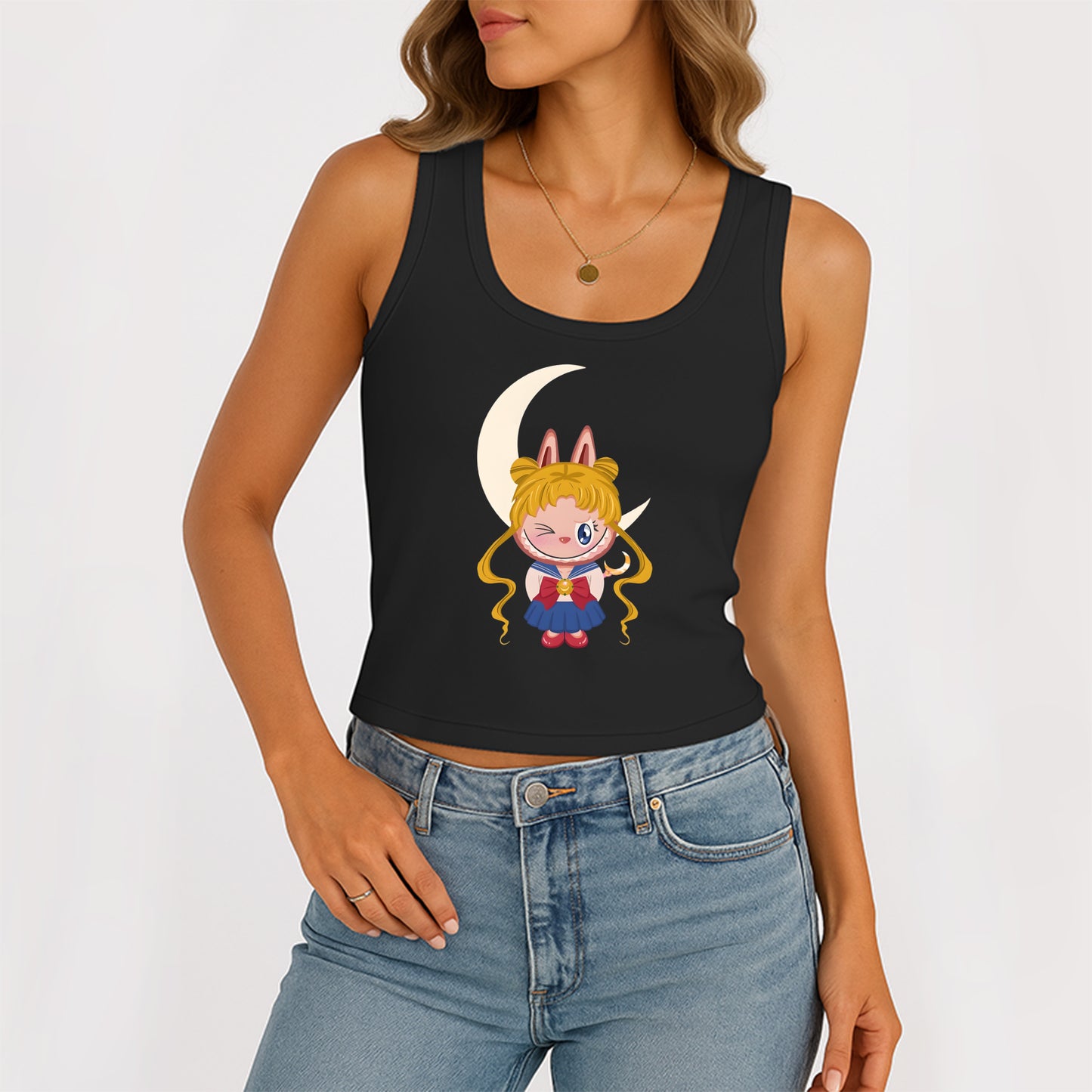 Sailor Moon The Monsters Women's Sleeveless Scoop Neck Ribbed Tank Summer Basic Slim Cute Tops For Labubu Lover
