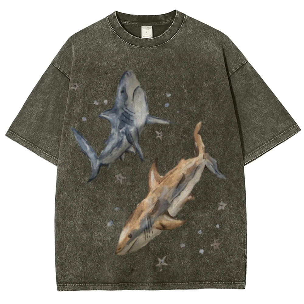 Two Sharks Unisex Vintage Washed Tee