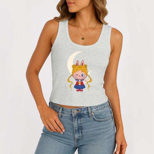 Sailor Moon The Monsters Women's Sleeveless Scoop Neck Ribbed Tank Summer Basic Slim Cute Tops For Labubu Lover