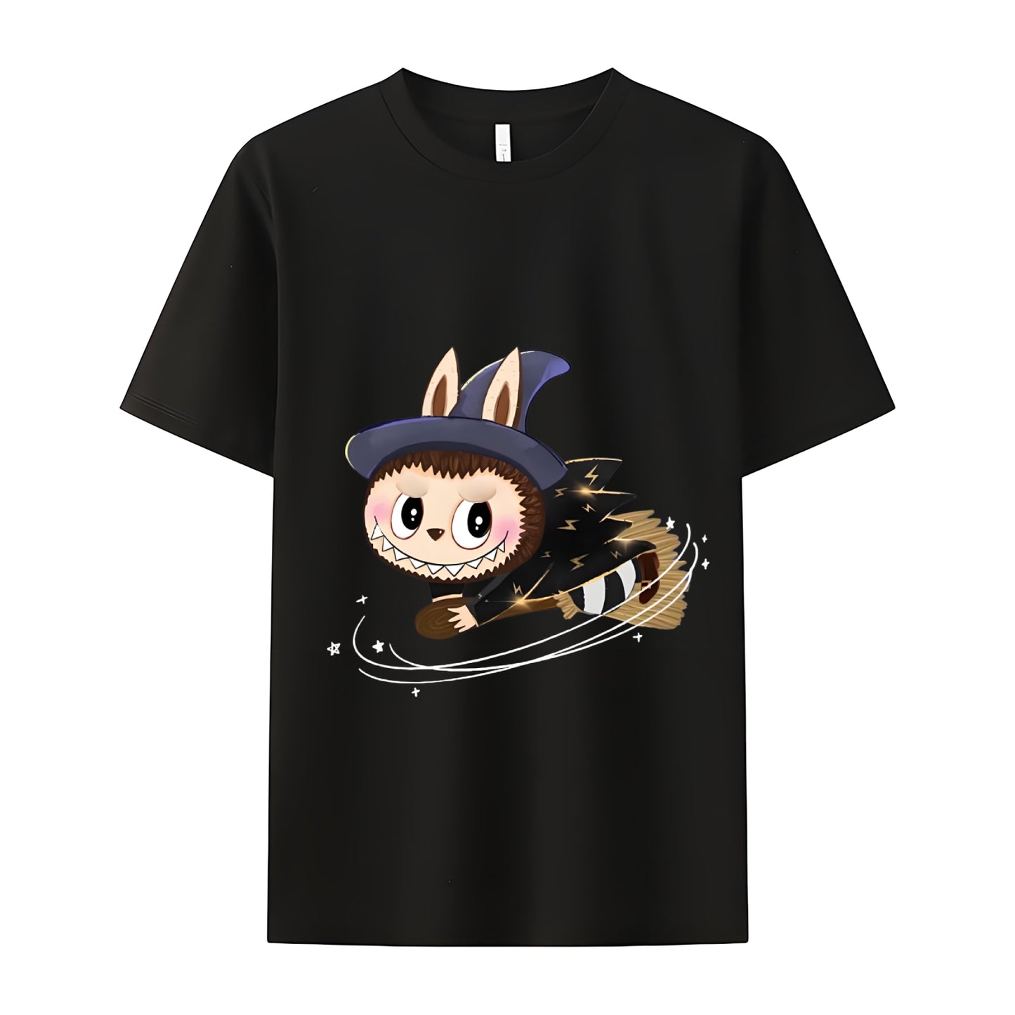 Broom-Riding Labubu The Monsters Crew Neck Short Sleeve T-Shirt For Labubu Lover Gifts For Girlfriend