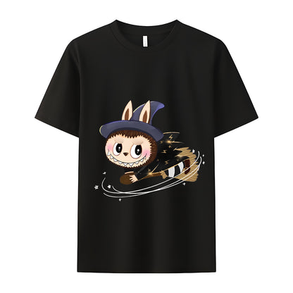 Broom-Riding Labubu The Monsters Crew Neck Short Sleeve T-Shirt For Labubu Lover Gifts For Girlfriend