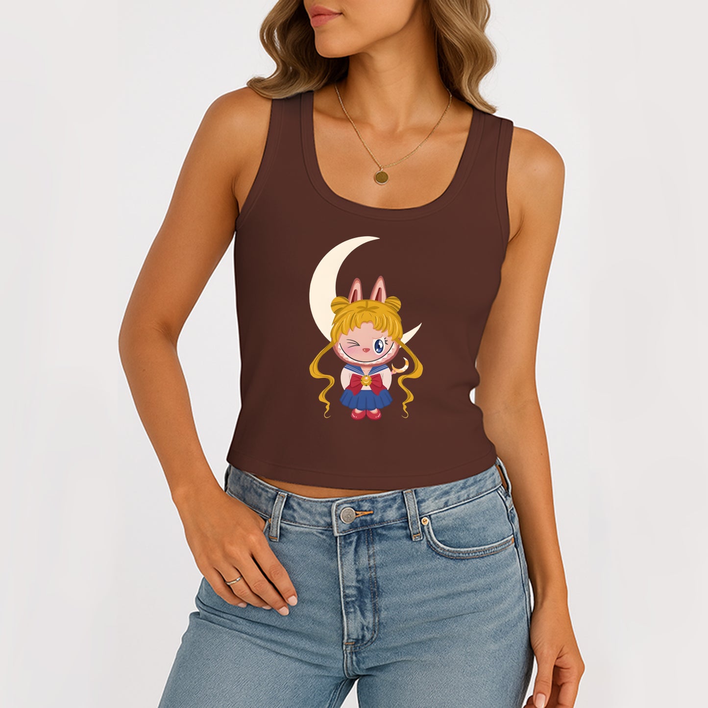 Sailor Moon The Monsters Women's Sleeveless Scoop Neck Ribbed Tank Summer Basic Slim Cute Tops For Labubu Lover