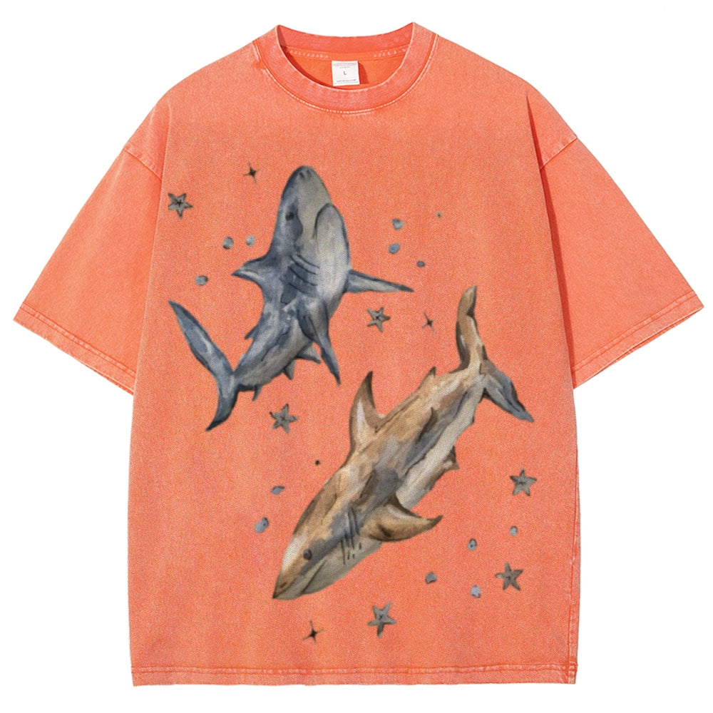 Two Sharks Unisex Vintage Washed Tee