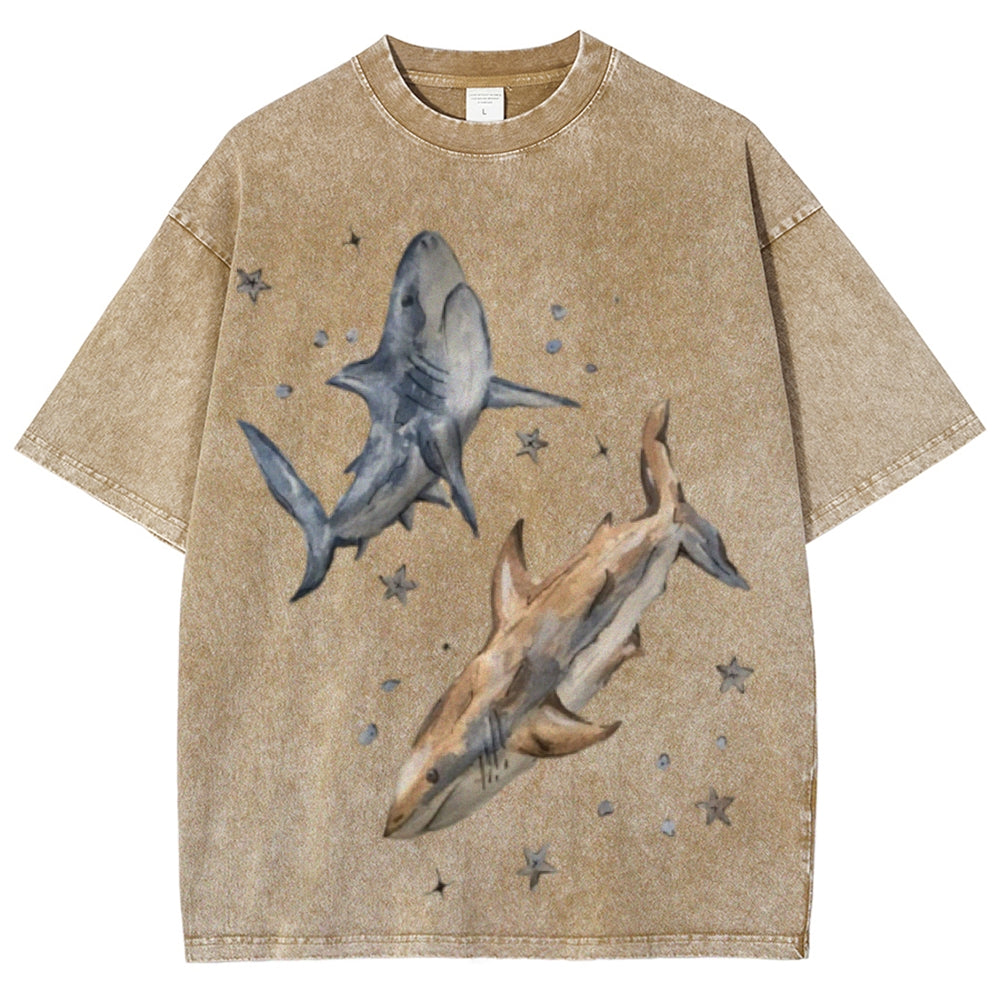 Two Sharks Unisex Vintage Washed Tee