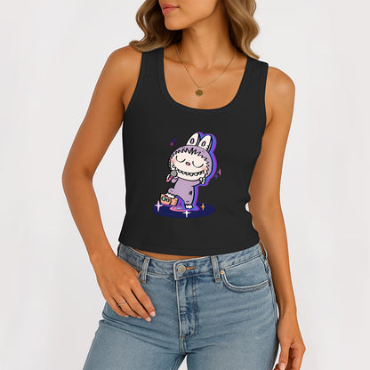 Happy Labubu The Monsters Women's Sleeveless Scoop Neck Ribbed Tank Summer Basic Slim Cute Tops For Labubu Lover