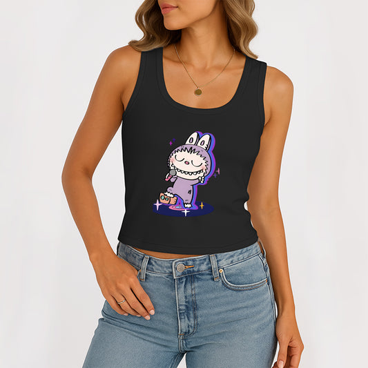 Happy Labubu The Monsters Women's Sleeveless Scoop Neck Ribbed Tank Summer Basic Slim Cute Tops For Labubu Lover