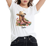 Personalized Birth Flower Western Cowgirl Boots with Name T-shirt Birthday Bridesmaid Gift for Women