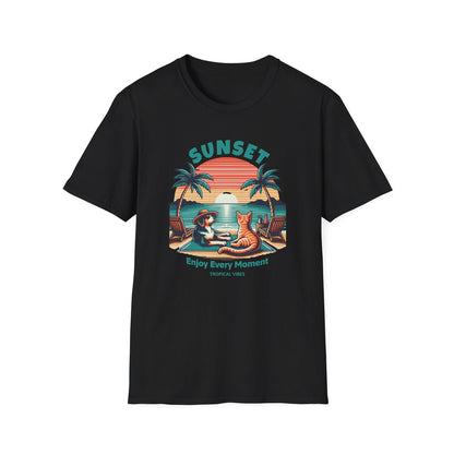 Retro Sunset Beach with Dog and Cat - Classic Fit