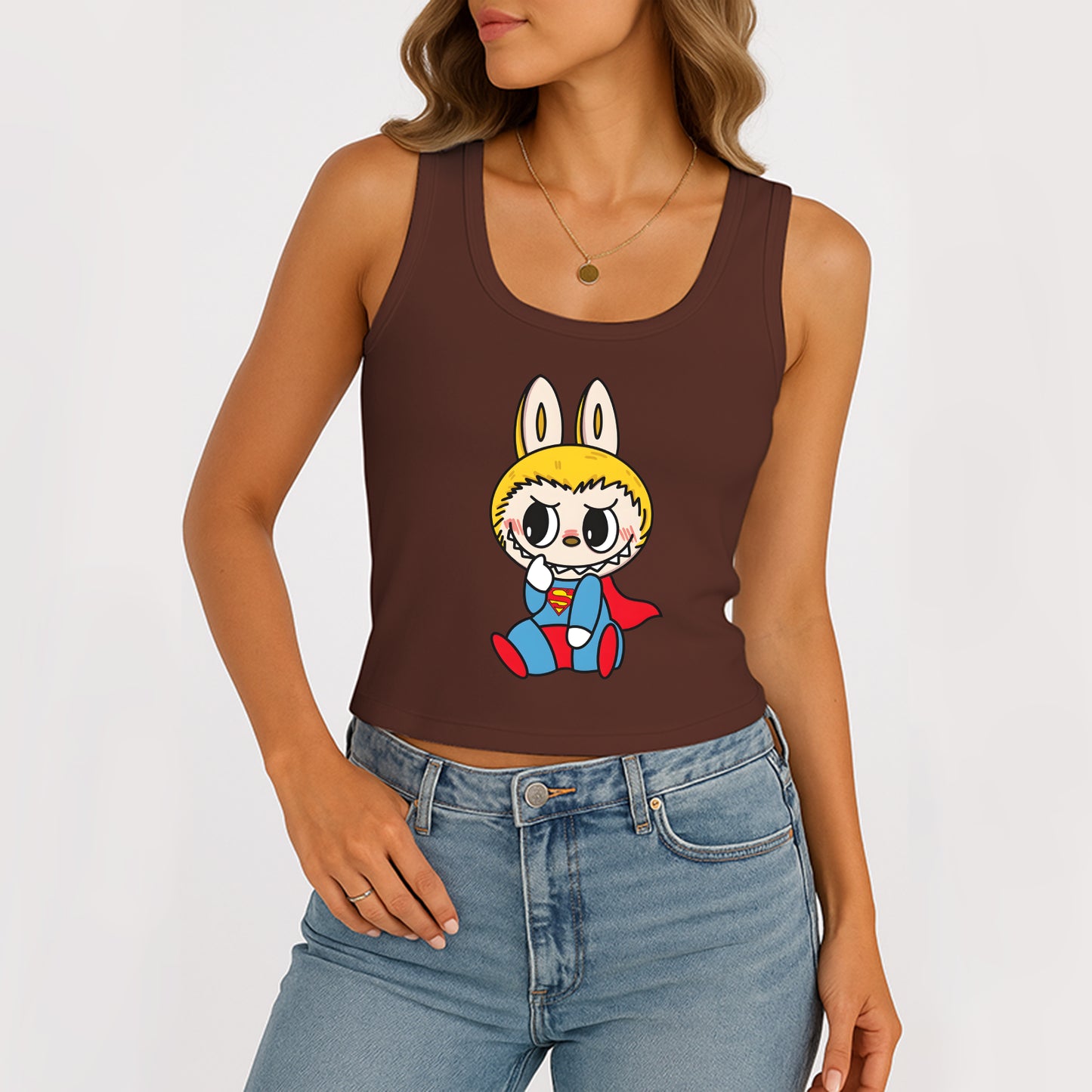 Superman Labubu The Monsters Women's Sleeveless Scoop Neck Ribbed Tank Summer Basic Slim Cute Tops For Labubu Lover
