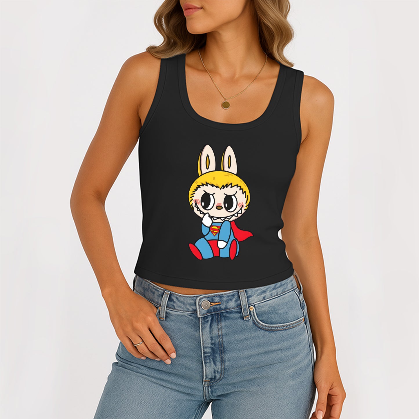 Superman Labubu The Monsters Women's Sleeveless Scoop Neck Ribbed Tank Summer Basic Slim Cute Tops For Labubu Lover
