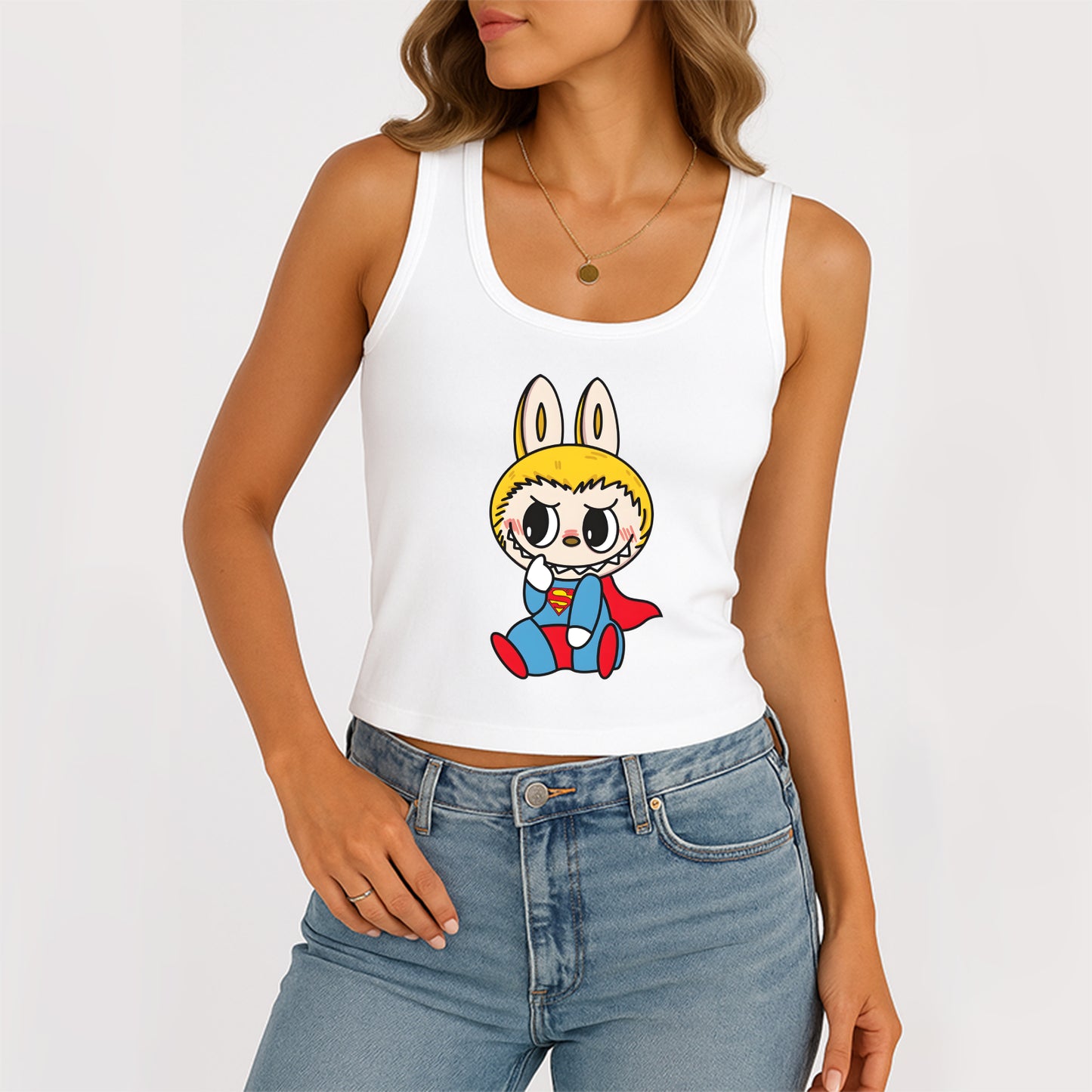 Superman Labubu The Monsters Women's Sleeveless Scoop Neck Ribbed Tank Summer Basic Slim Cute Tops For Labubu Lover