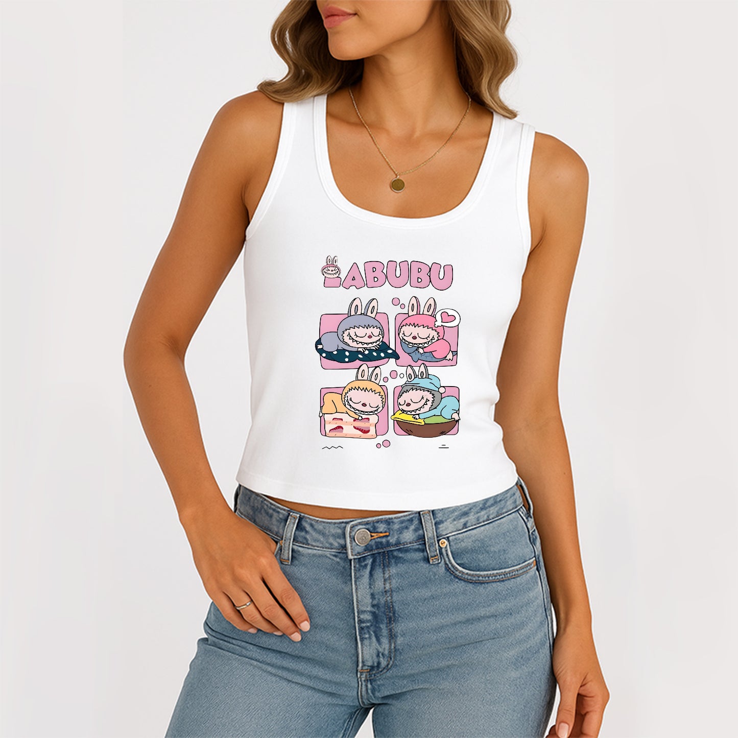 Sleeping Labubu The Monsters Women's Sleeveless Scoop Neck Ribbed Tank Summer Basic Slim Cute Tops For Labubu Lover