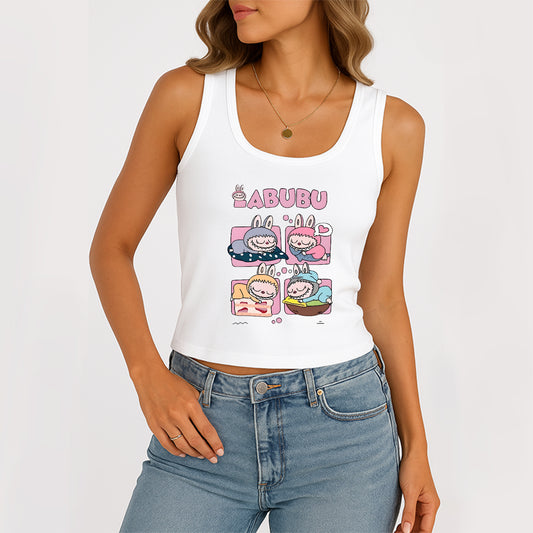 Sleeping Labubu The Monsters Women's Sleeveless Scoop Neck Ribbed Tank Summer Basic Slim Cute Tops For Labubu Lover