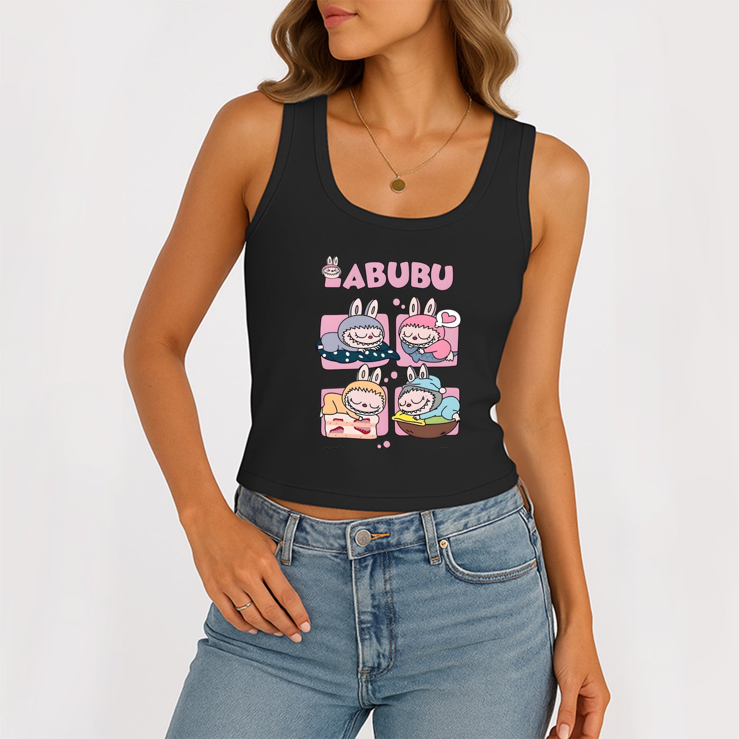 Sleeping Labubu The Monsters Women's Sleeveless Scoop Neck Ribbed Tank Summer Basic Slim Cute Tops For Labubu Lover