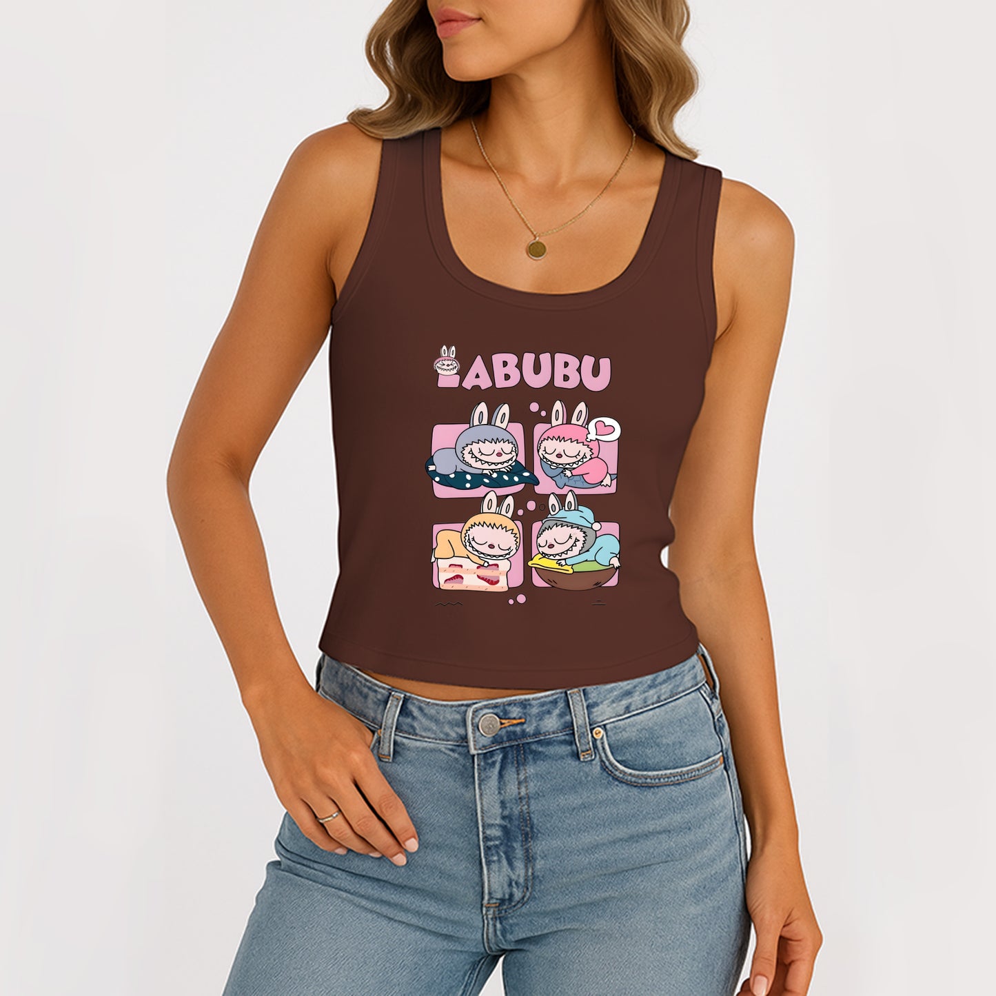 Sleeping Labubu The Monsters Women's Sleeveless Scoop Neck Ribbed Tank Summer Basic Slim Cute Tops For Labubu Lover
