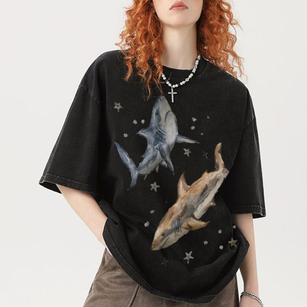 Two Sharks Unisex Vintage Washed Tee
