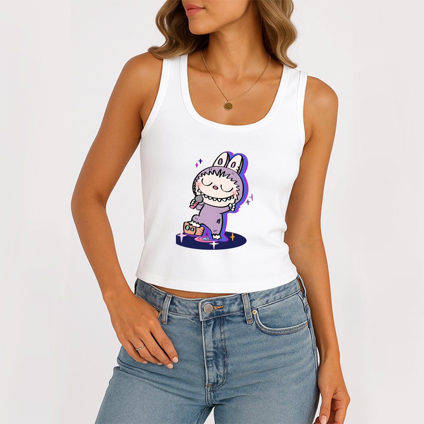 Happy Labubu The Monsters Women's Sleeveless Scoop Neck Ribbed Tank Summer Basic Slim Cute Tops For Labubu Lover