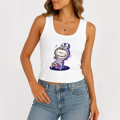 Happy Labubu The Monsters Women's Sleeveless Scoop Neck Ribbed Tank Summer Basic Slim Cute Tops For Labubu Lover