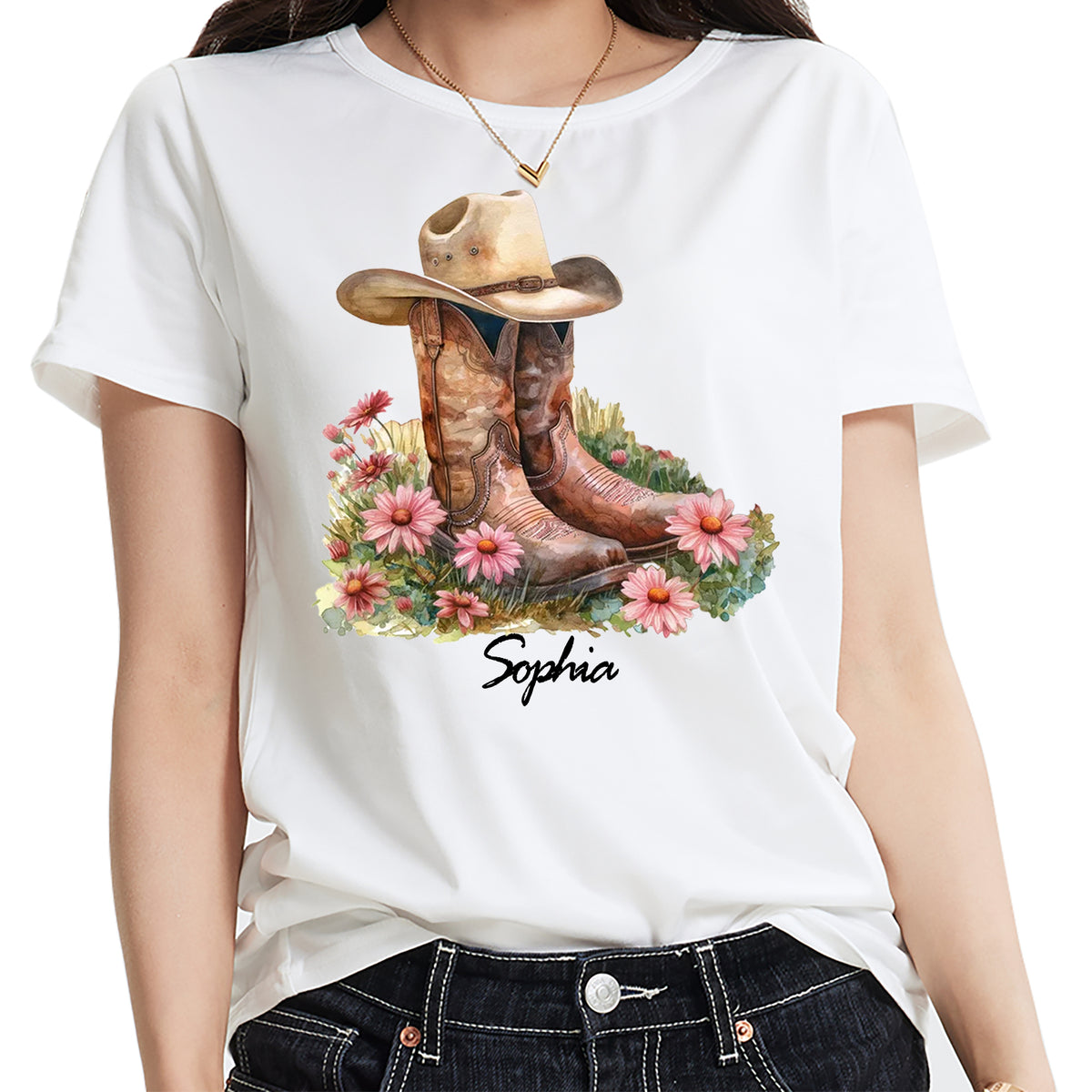 Personalized Birth Flower Western Cowgirl Boots with Name T-shirt Birthday Bridesmaid Gift for Women