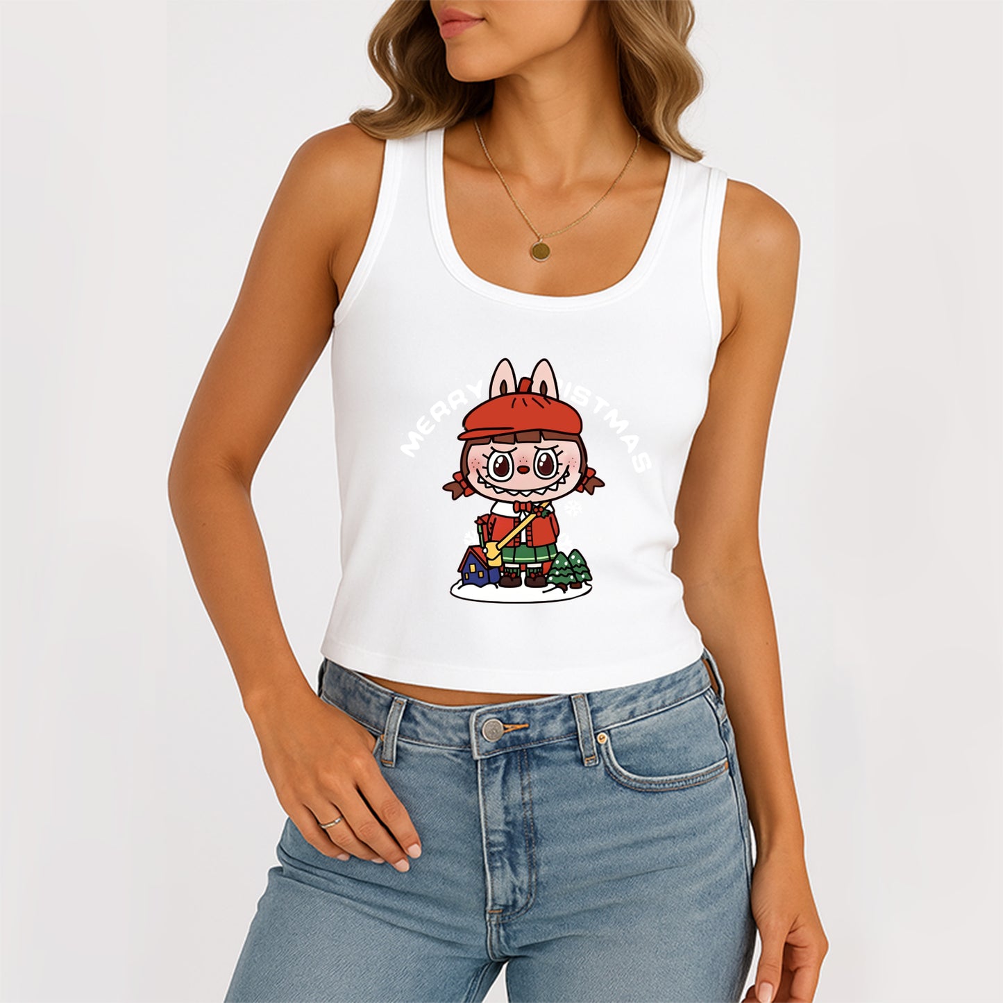 Christmas Labubu The Monsters Women's Sleeveless Scoop Neck Ribbed Tank Summer Basic Slim Cute Tops For Labubu Lover