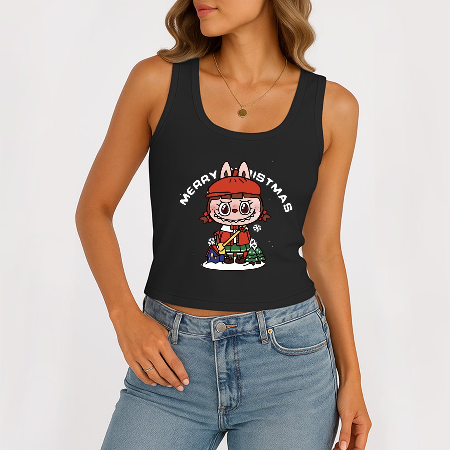 Christmas Labubu The Monsters Women's Sleeveless Scoop Neck Ribbed Tank Summer Basic Slim Cute Tops For Labubu Lover
