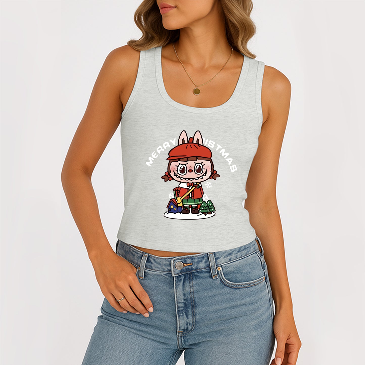 Christmas Labubu The Monsters Women's Sleeveless Scoop Neck Ribbed Tank Summer Basic Slim Cute Tops For Labubu Lover
