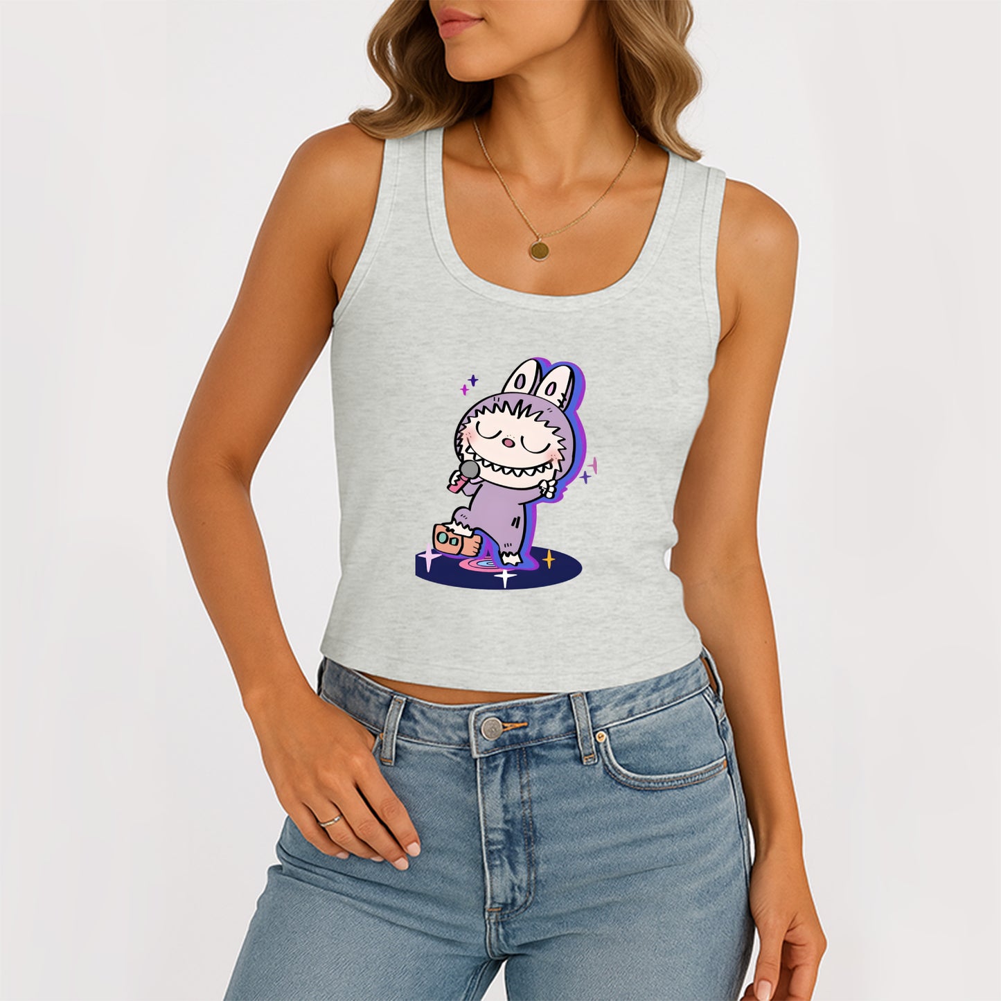 Happy Labubu The Monsters Women's Sleeveless Scoop Neck Ribbed Tank Summer Basic Slim Cute Tops For Labubu Lover