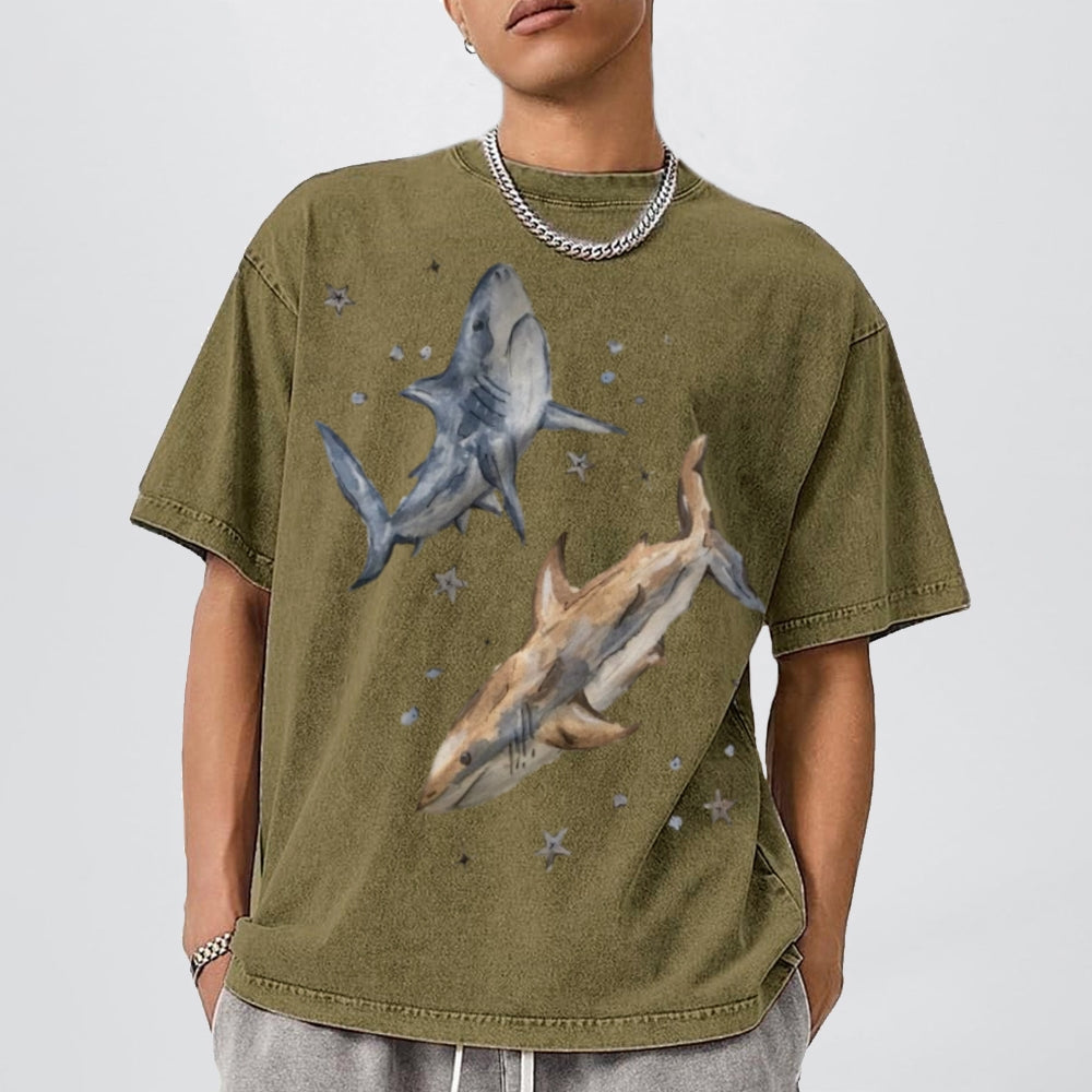 Two Sharks Unisex Vintage Washed Tee