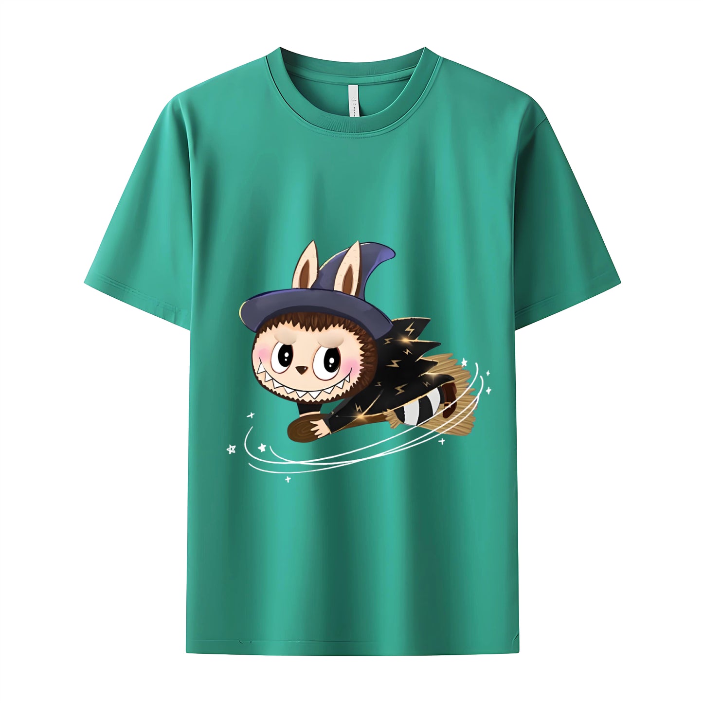 Broom-Riding Labubu The Monsters Crew Neck Short Sleeve T-Shirt For Labubu Lover Gifts For Girlfriend