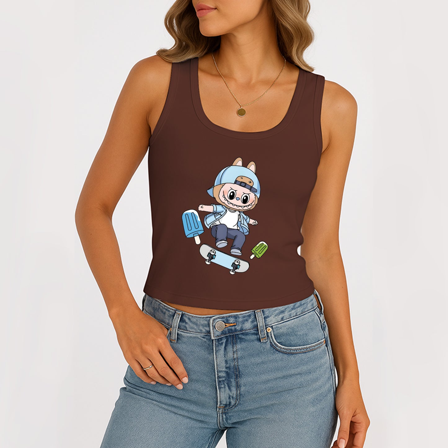 Skateboard Labubu The Monsters Women's Sleeveless Scoop Neck Ribbed Tank Summer Basic Slim Cute Tops For Labubu Lover