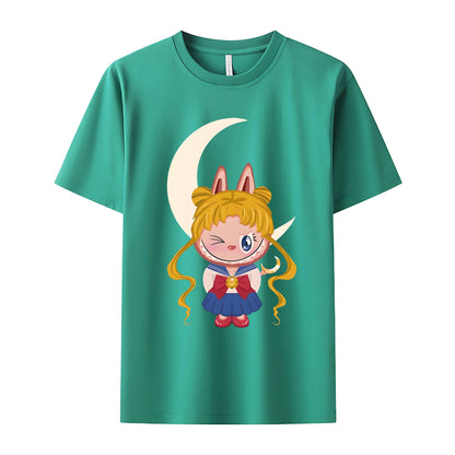 Sailor Moon Labubu The Monsters Crew Neck Short Sleeve T-Shirt For Labubu Lover Gifts For Girlfriend