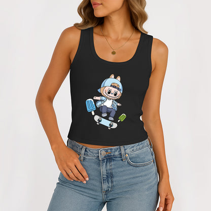 Skateboard Labubu The Monsters Women's Sleeveless Scoop Neck Ribbed Tank Summer Basic Slim Cute Tops For Labubu Lover