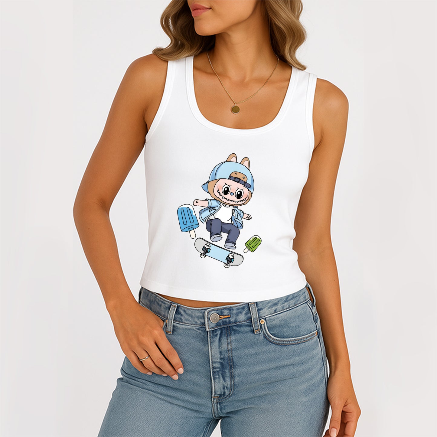 Skateboard Labubu The Monsters Women's Sleeveless Scoop Neck Ribbed Tank Summer Basic Slim Cute Tops For Labubu Lover