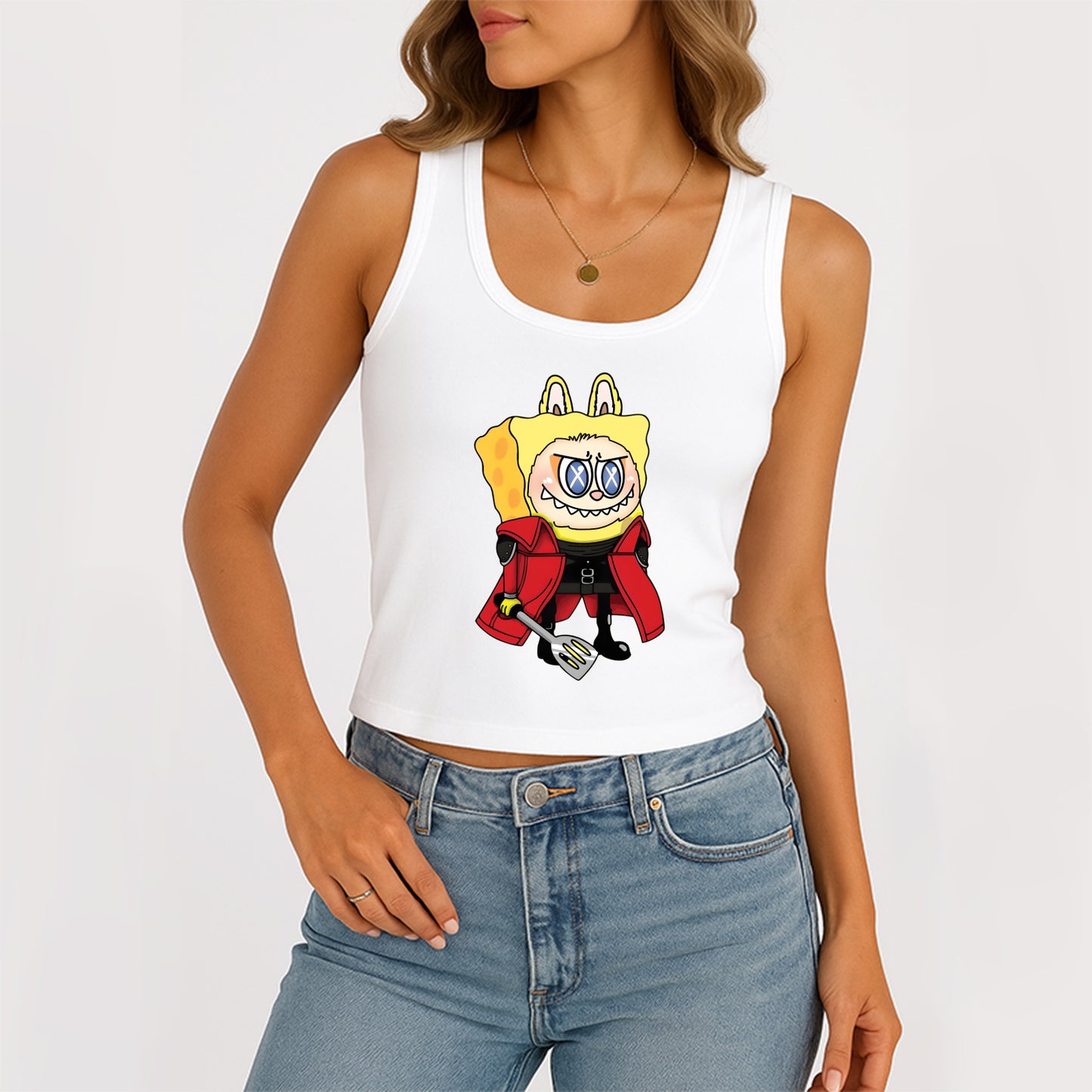 Labubu as SpongeBob The Monsters Women's Sleeveless Scoop Neck Ribbed Tank Summer Basic Slim Cute Tops For Labubu Lover