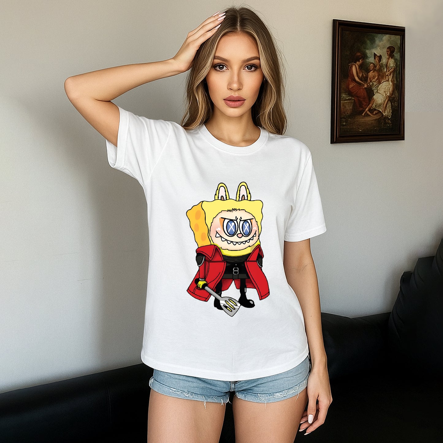 Labubu as SpongeBob The Monsters Crew Neck Short Sleeve T-Shirt For Labubu Lover Gifts For Girlfriend