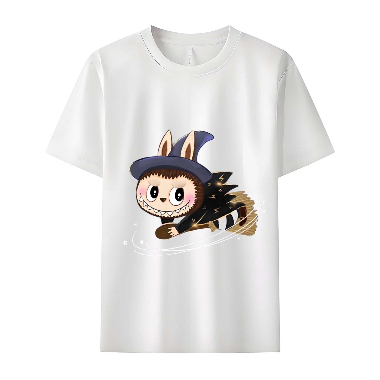 Broom-Riding Labubu The Monsters Crew Neck Short Sleeve T-Shirt For Labubu Lover Gifts For Girlfriend