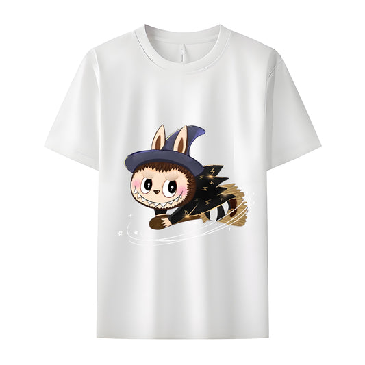 Broom-Riding Labubu The Monsters Crew Neck Short Sleeve T-Shirt For Labubu Lover Gifts For Girlfriend