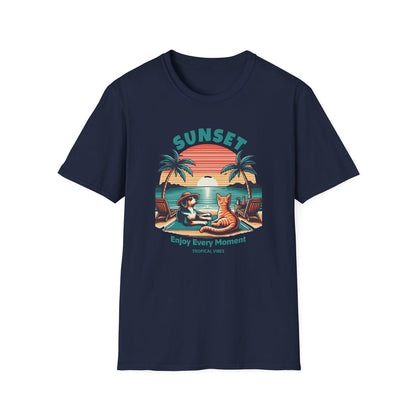 Retro Sunset Beach with Dog and Cat - Classic Fit