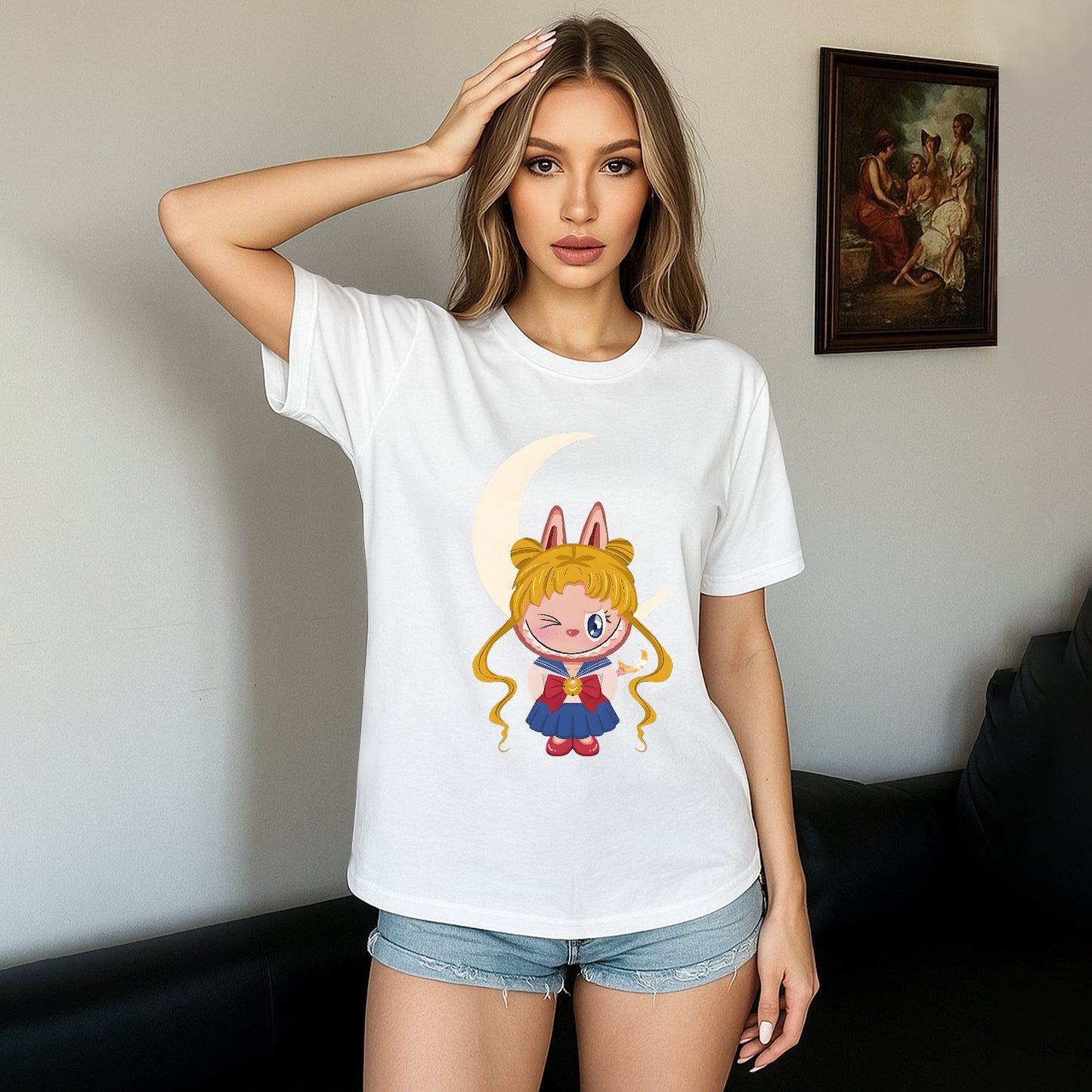Sailor Moon Labubu The Monsters Crew Neck Short Sleeve T-Shirt For Labubu Lover Gifts For Girlfriend