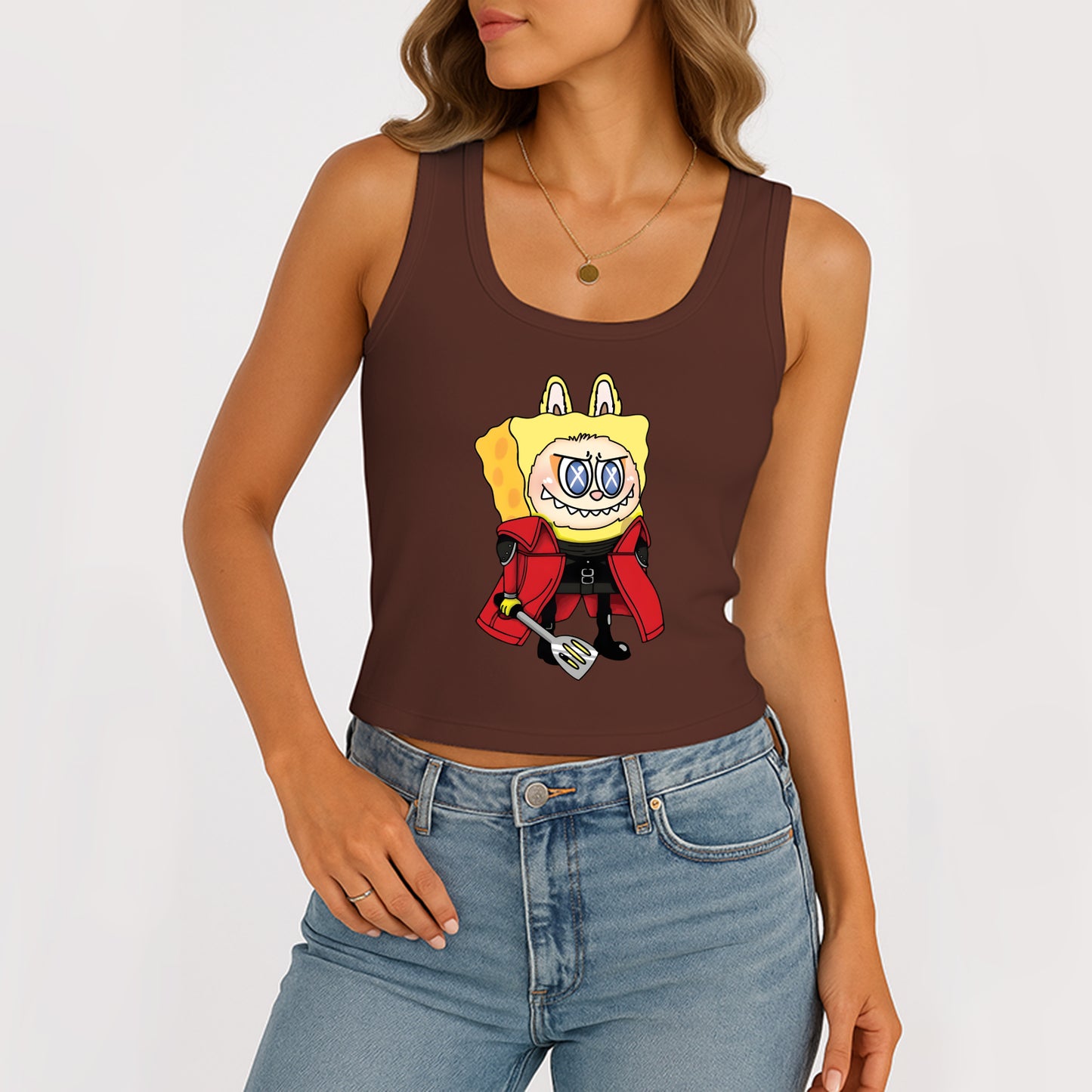 Labubu as SpongeBob The Monsters Women's Sleeveless Scoop Neck Ribbed Tank Summer Basic Slim Cute Tops For Labubu Lover