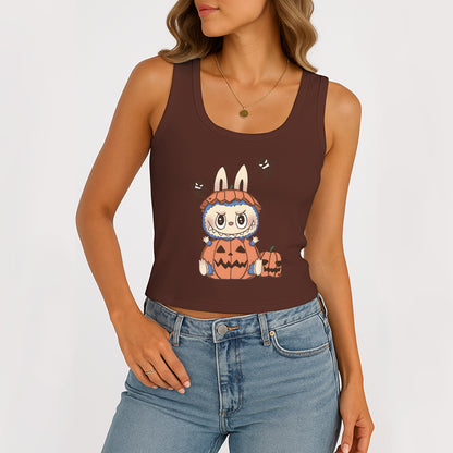 Pumpkin Labubu The Monsters Women's Sleeveless Scoop Neck Ribbed Tank Summer Basic Slim Cute Tops For Labubu Lover
