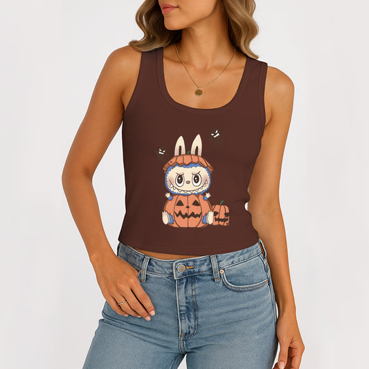 Pumpkin Labubu The Monsters Women's Sleeveless Scoop Neck Ribbed Tank Summer Basic Slim Cute Tops For Labubu Lover