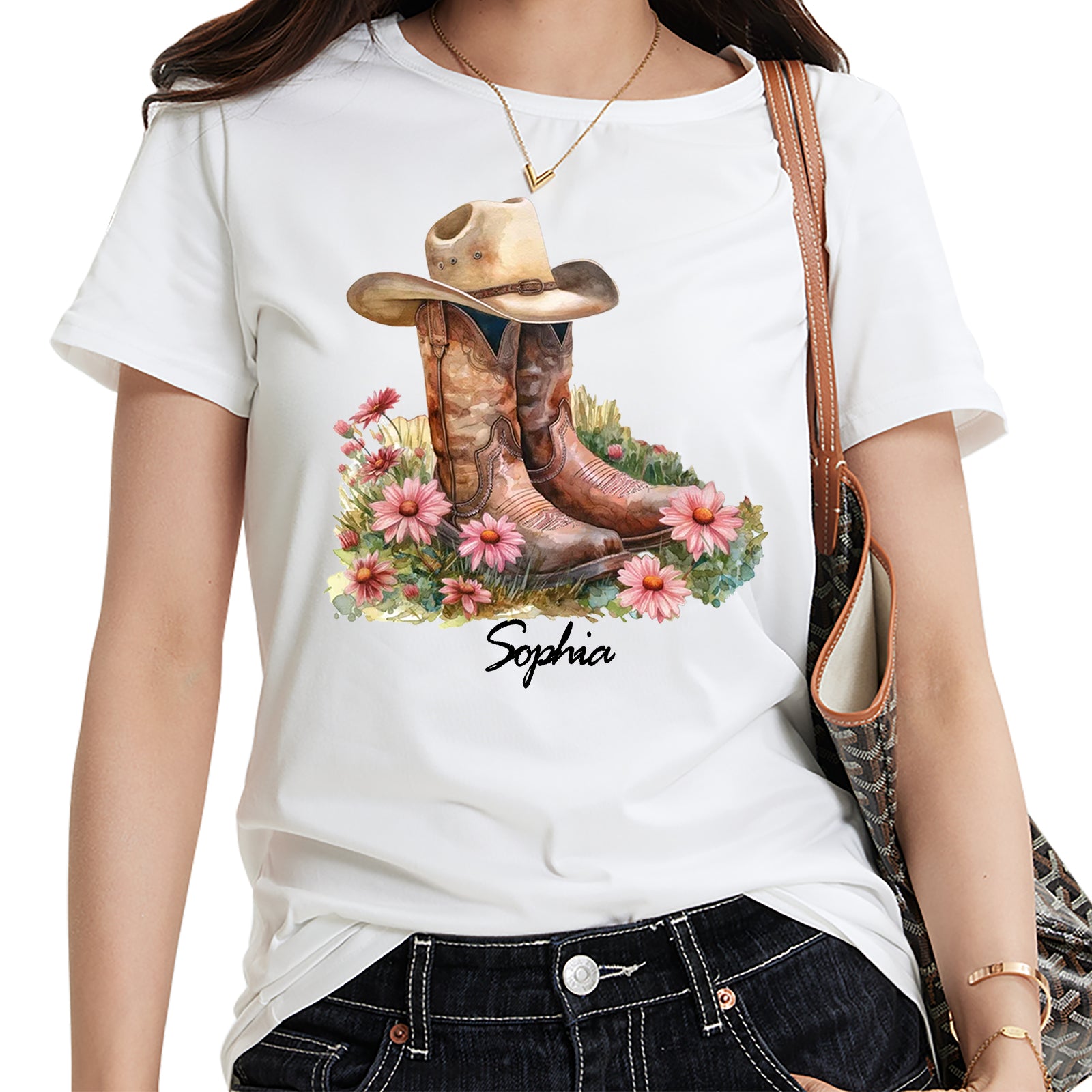 Personalized Birth Flower Western Cowgirl Boots with Name T-shirt Birthday Bridesmaid Gift for Women