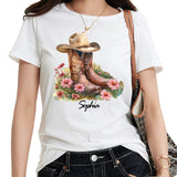Personalized Birth Flower Western Cowgirl Boots with Name T-shirt Birthday Bridesmaid Gift for Women