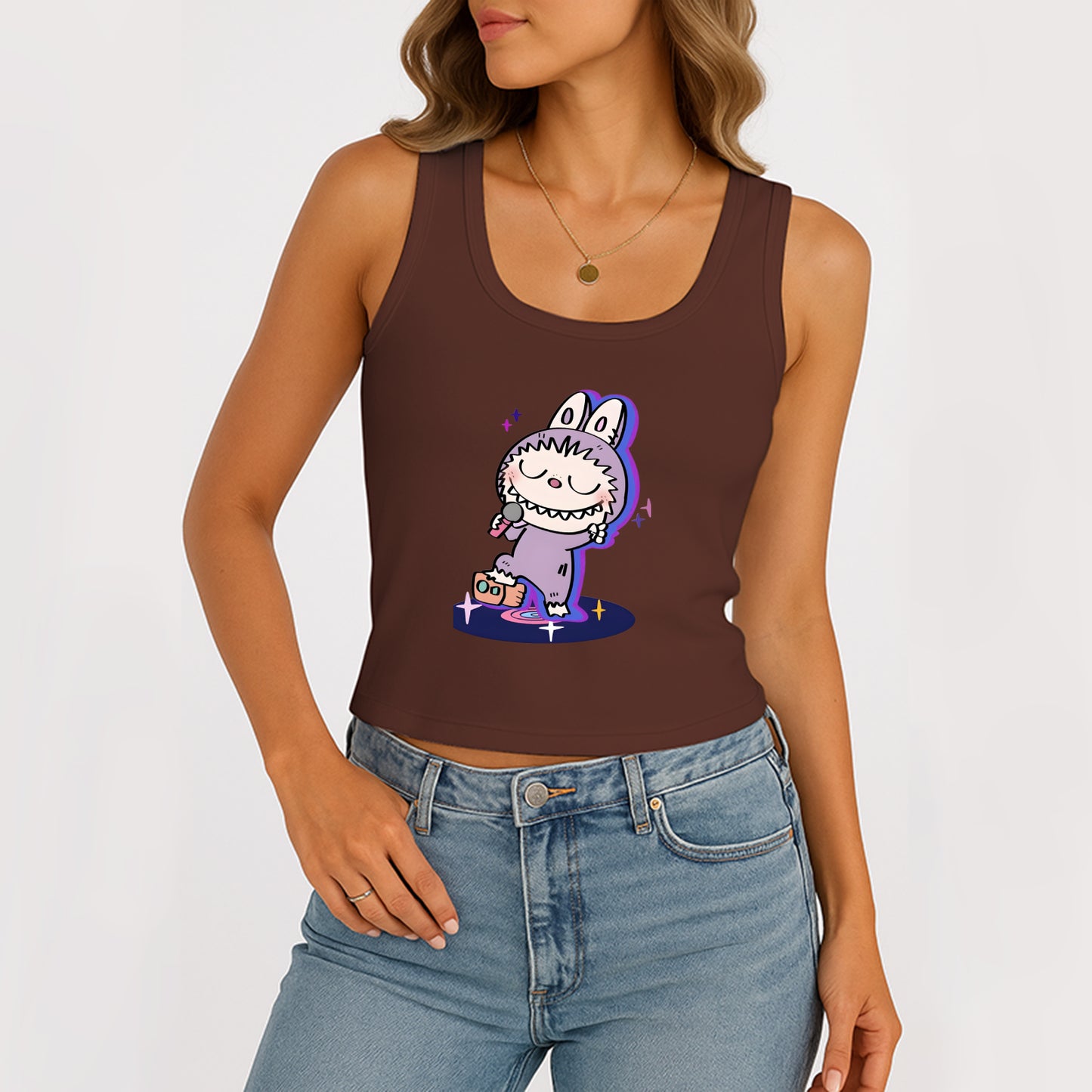 Happy Labubu The Monsters Women's Sleeveless Scoop Neck Ribbed Tank Summer Basic Slim Cute Tops For Labubu Lover