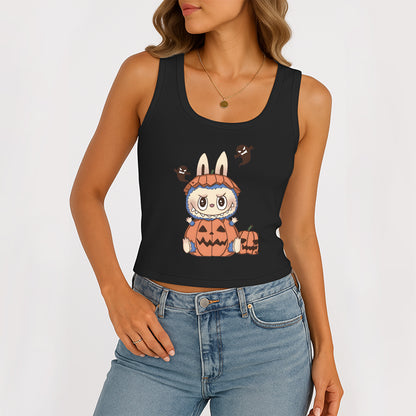 Pumpkin Labubu The Monsters Women's Sleeveless Scoop Neck Ribbed Tank Summer Basic Slim Cute Tops For Labubu Lover